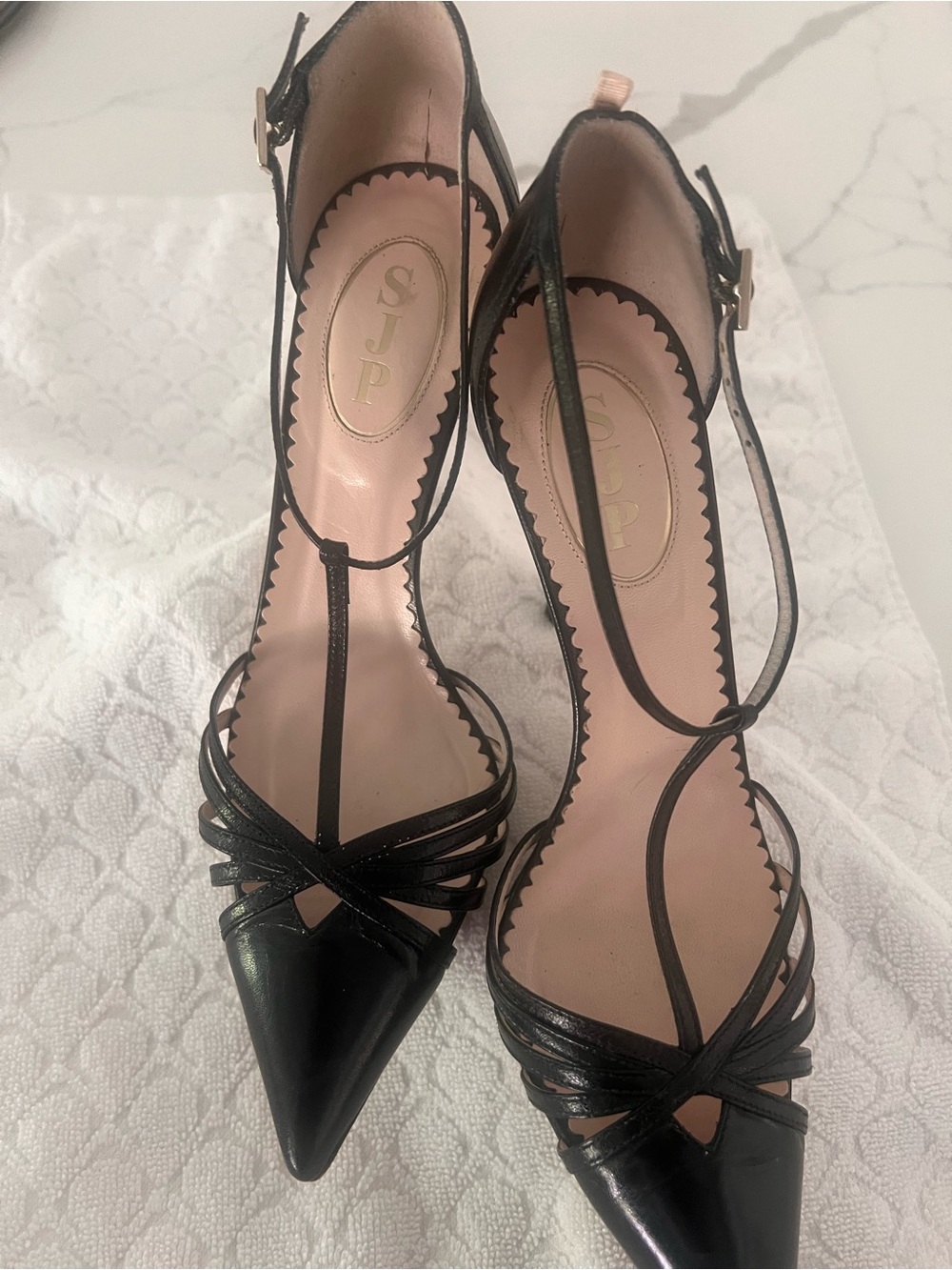 SJP by Sarah Jessica Parker Black Pointed T-Strap Heels